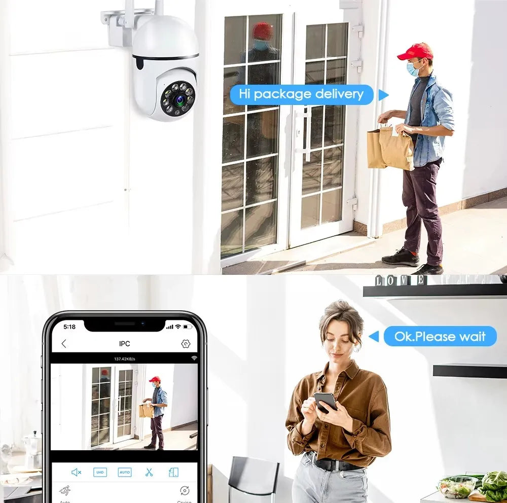 Caméra de surveillance IP Wi-Fi sans fil 8 MP avec zoom 4x, suivi audio bidirectionnel, vision nocturne couleur HD et caméra PTZ.