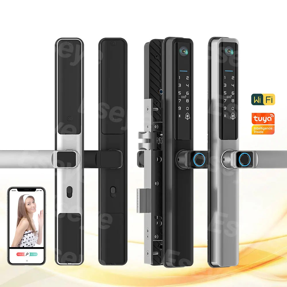 Serrure de porte intelligente entièrement automatique Eseye EY-393 Pro avec sonnette vidéo, reconnaissance faciale 3D, lecteur d'empreintes numériques, connexion Wi-Fi et fonction « tirer/pousser ».