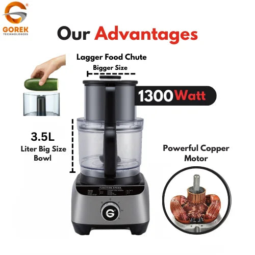 Robot culinaire électrique multifonction 1300 W avec extracteur de jus, mixeur et broyeur, bols en acier inoxydable, application de contrôle, format compact.