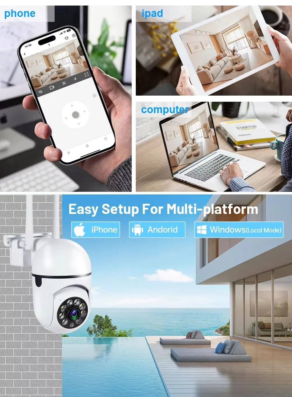 Caméra de surveillance IP Wi-Fi sans fil 8 MP avec zoom 4x, suivi audio bidirectionnel, vision nocturne couleur HD et caméra PTZ.
