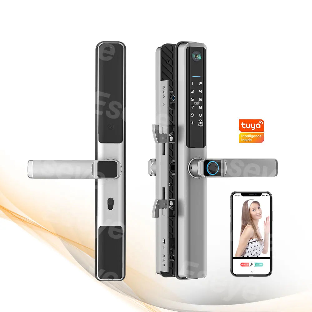 Serrure de porte intelligente entièrement automatique Eseye EY-393 Pro avec sonnette vidéo, reconnaissance faciale 3D, lecteur d'empreintes numériques, connexion Wi-Fi et fonction « tirer/pousser ».