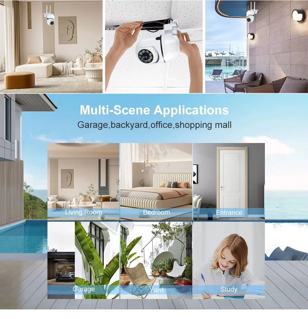 Caméra de surveillance IP Wi-Fi sans fil 8 MP avec zoom 4x, suivi audio bidirectionnel, vision nocturne couleur HD et caméra PTZ.