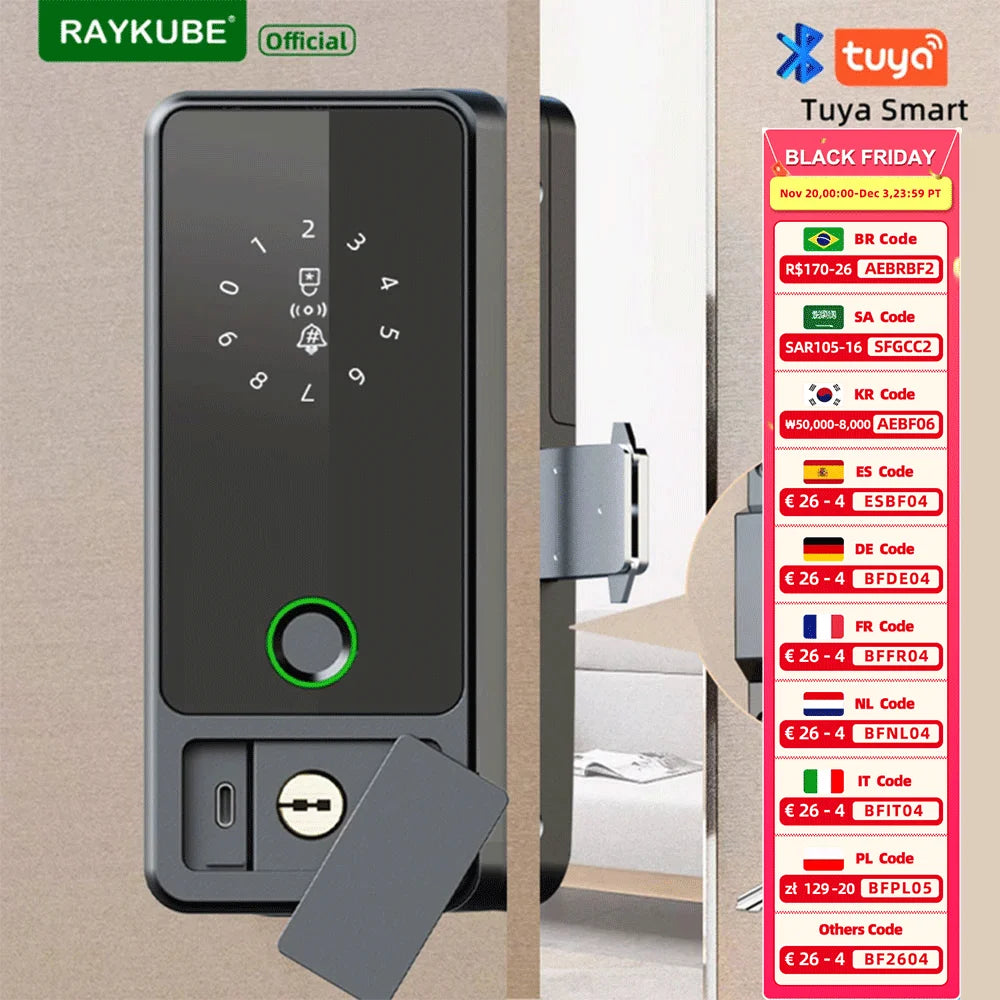 Serrure Intelligente RAYKUBE G18 pour Porte Vitre | Tuya, Empreinte Digitale, Carte et Mot de Passe