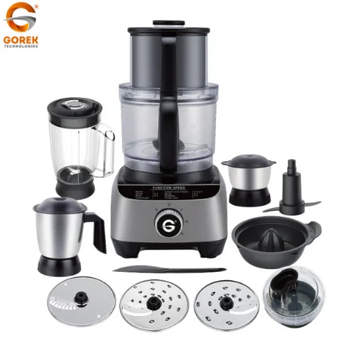 Robot culinaire électrique multifonction 1300 W avec extracteur de jus, mixeur et broyeur, bols en acier inoxydable, application de contrôle, format compact.