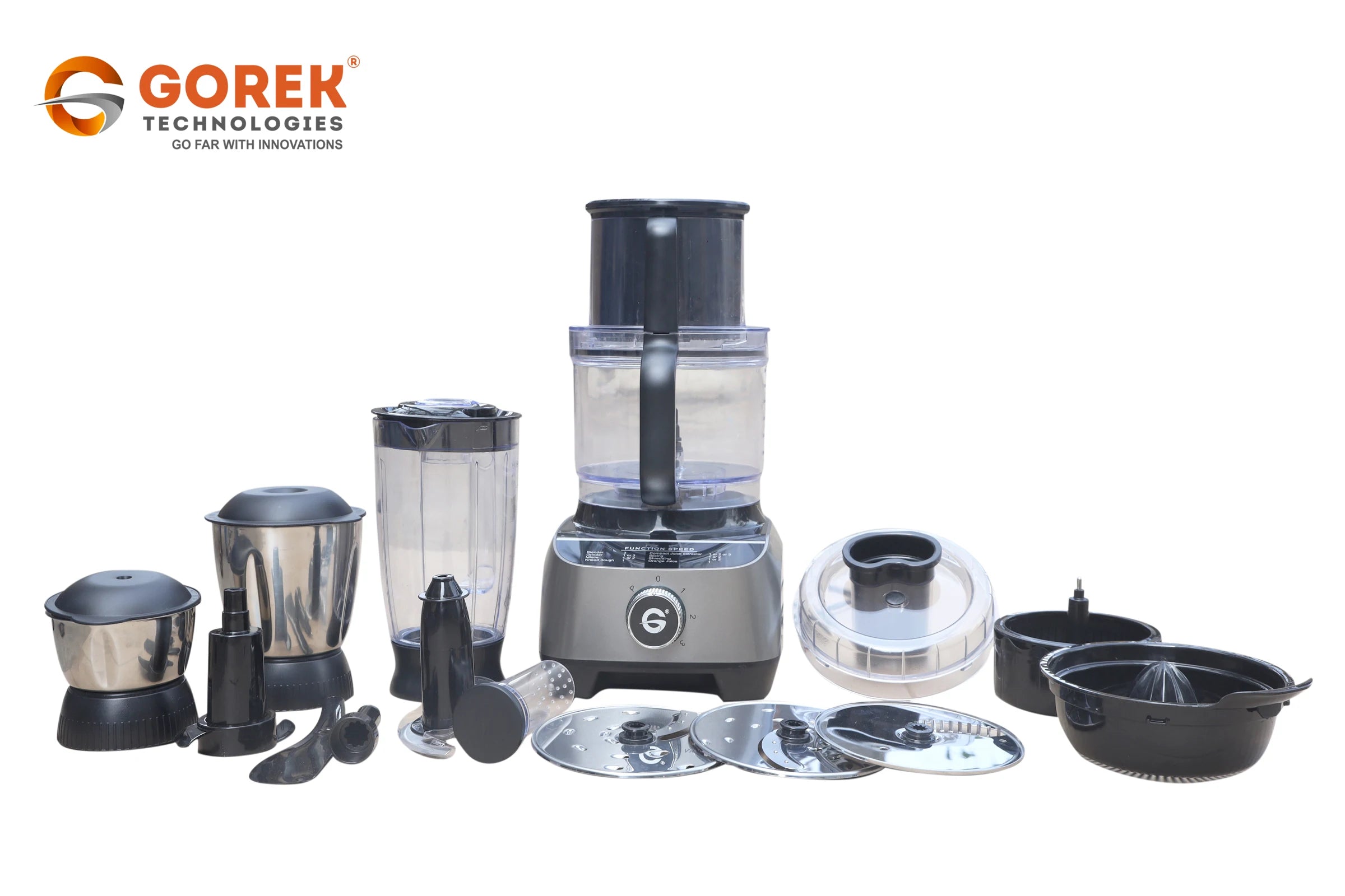 Robot culinaire électrique multifonction 1300 W avec extracteur de jus, mixeur et broyeur, bols en acier inoxydable, application de contrôle, format compact.
