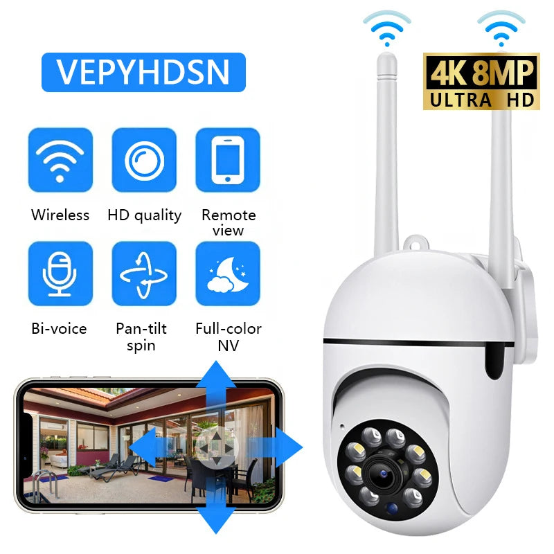 Caméra de surveillance IP Wi-Fi sans fil 8 MP avec zoom 4x, suivi audio bidirectionnel, vision nocturne couleur HD et caméra PTZ.