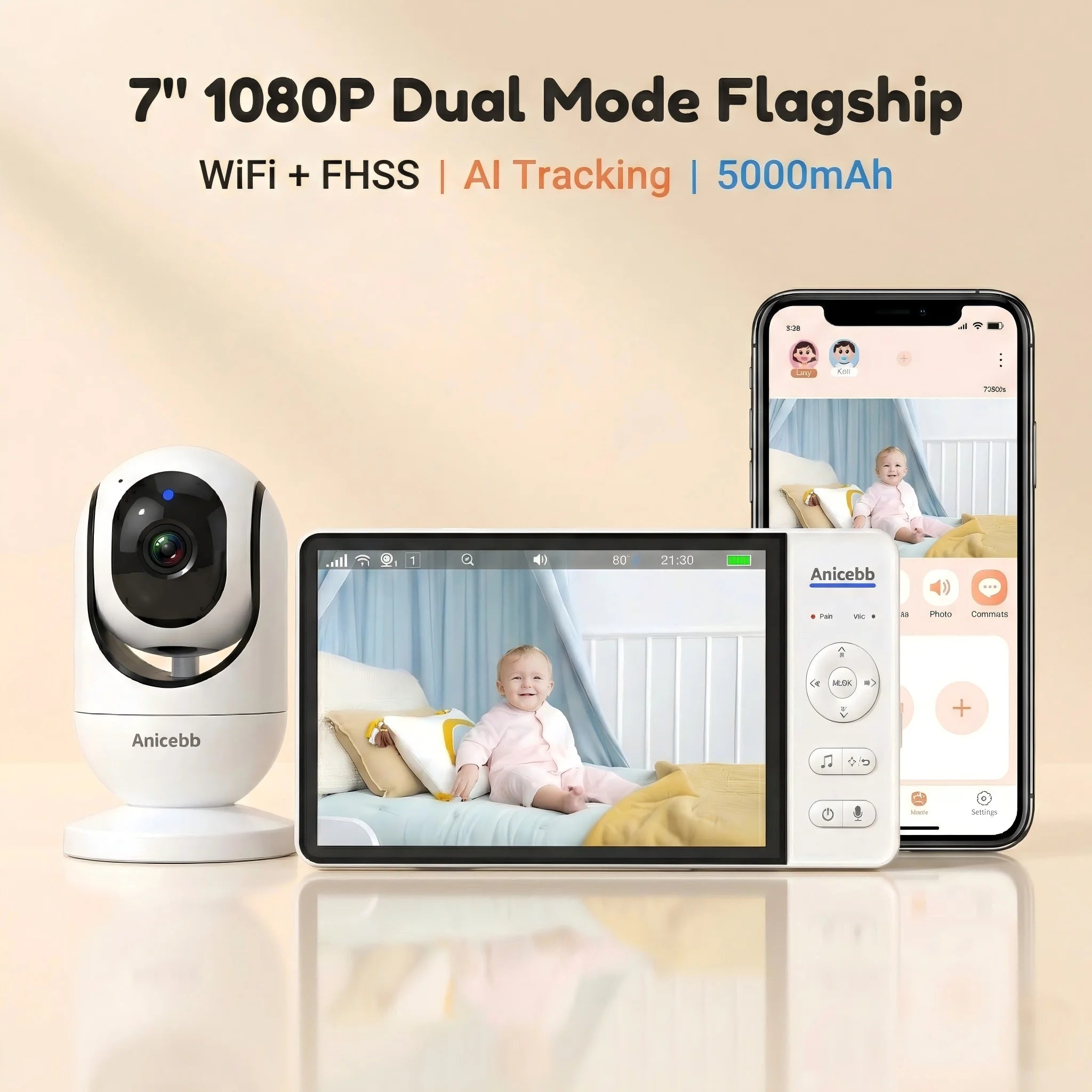 Moniteur Bébé 7" Full HD | Caméra Wi-Fi 2,4 GHz, Vision Nocturne, Batterie 5000 mAh et Reconnaissance Faciale