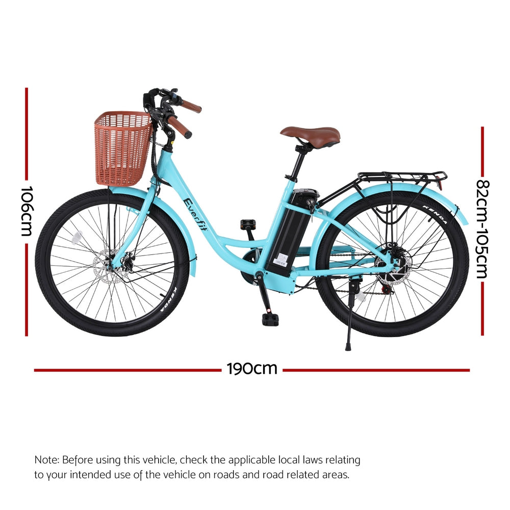 Vélo électrique urbain Everfit 26 pouces, 250 W, batterie 36 V 13 Ah, autonomie 50 km, Shimano 7V