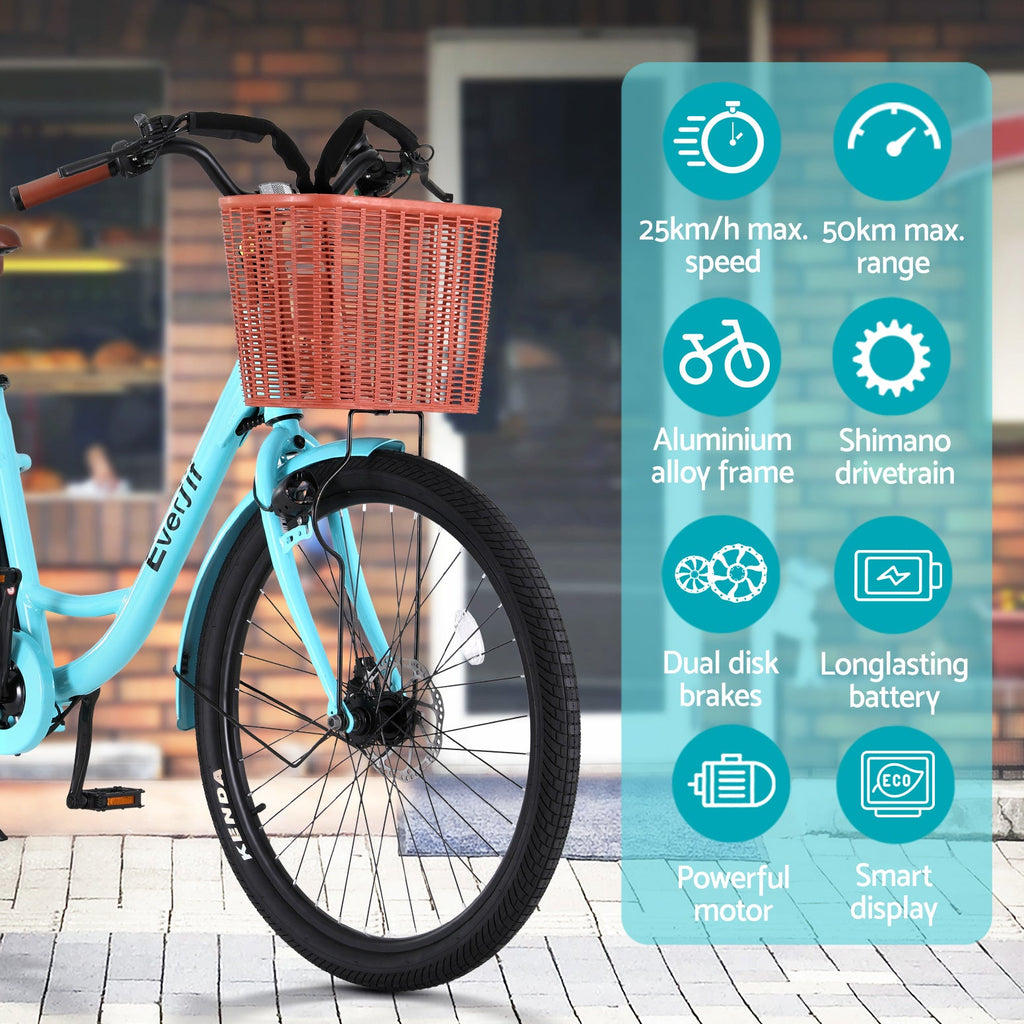 Vélo électrique urbain Everfit 26 pouces, 250 W, batterie 36 V 13 Ah, autonomie 50 km, Shimano 7V