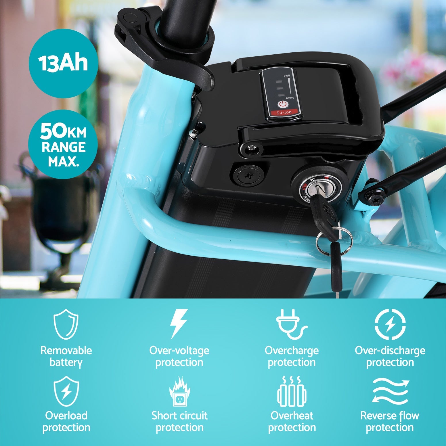 Vélo électrique urbain Everfit 26 pouces, 250 W, batterie 36 V 13 Ah, autonomie 50 km, Shimano 7V
