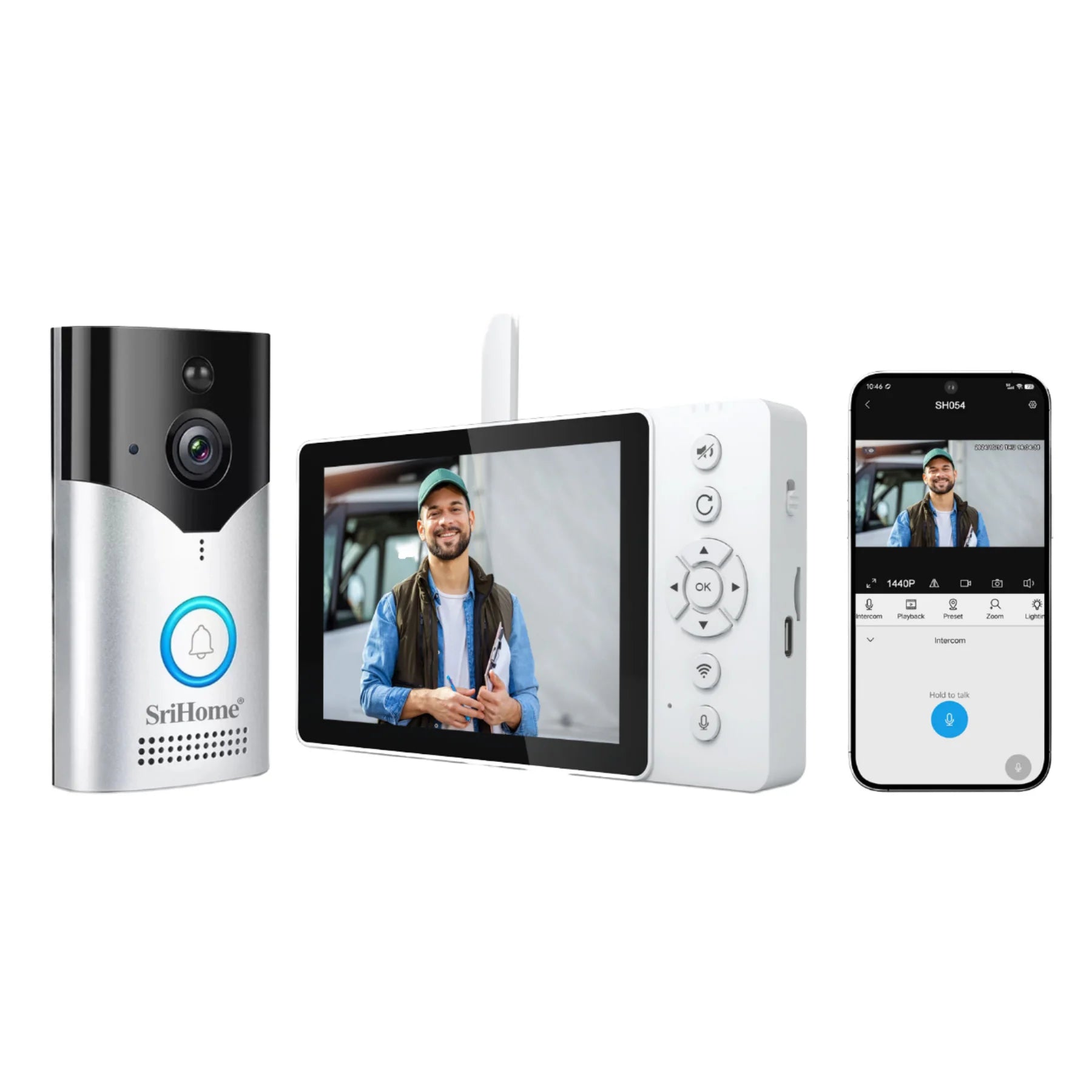 Kit sonnette vidéo Srihome 4MP avec interphone visuel, Wi-Fi 6, détection PIR et batterie lithium haute capacité.