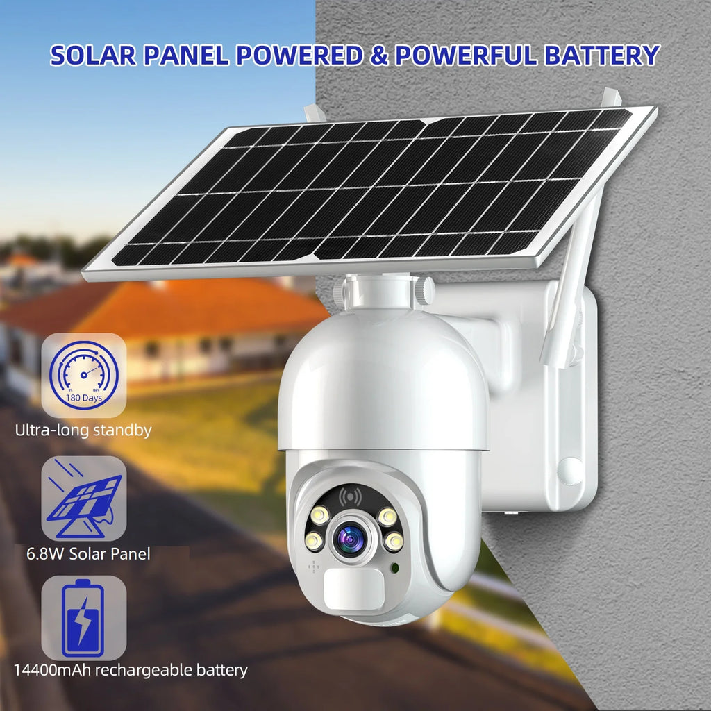 Système de caméra de sécurité sans fil extérieur intelligent avec panneau solaire et batterie, vision nocturne 4G et alimentation solaire.