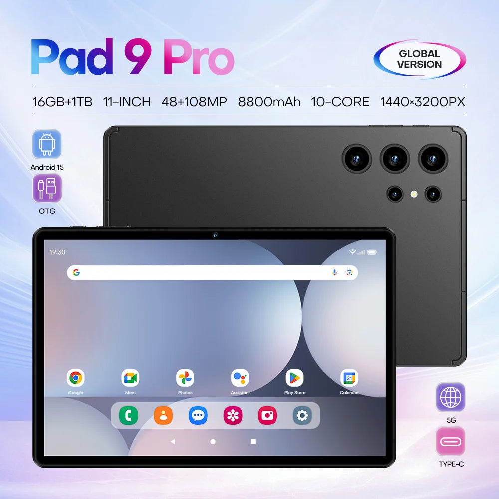 Tablette Pad 9 Pro – 11", Android 15, 16 Go+1 To, Deca Core, 4G/5G et caméra 108 MP