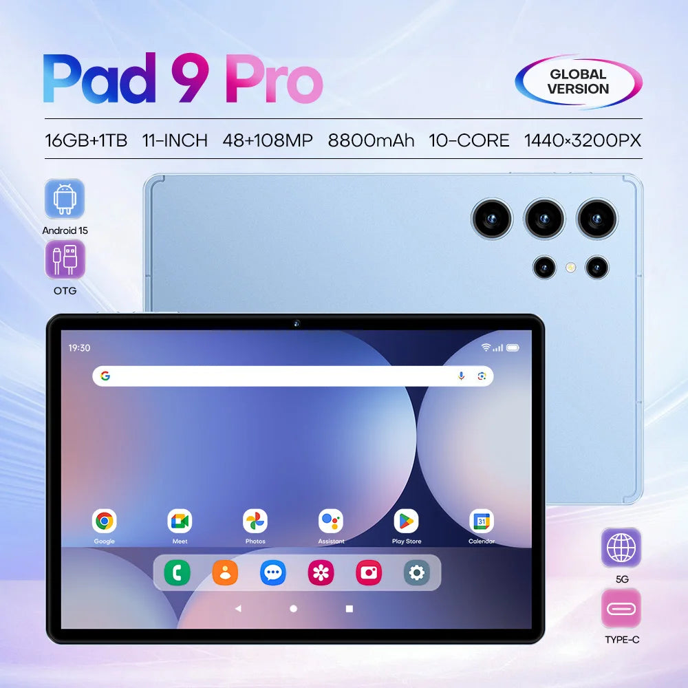 Tablette Pad 9 Pro – 11", Android 15, 16 Go+1 To, Deca Core, 4G/5G et caméra 108 MP