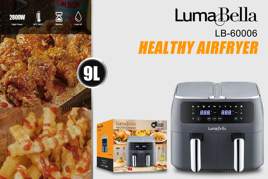 Friteuse à air électrique double Lumabella, en acier inoxydable et aluminium, sans huile, 220 V, carrée, pour usage domestique ou hôtelier