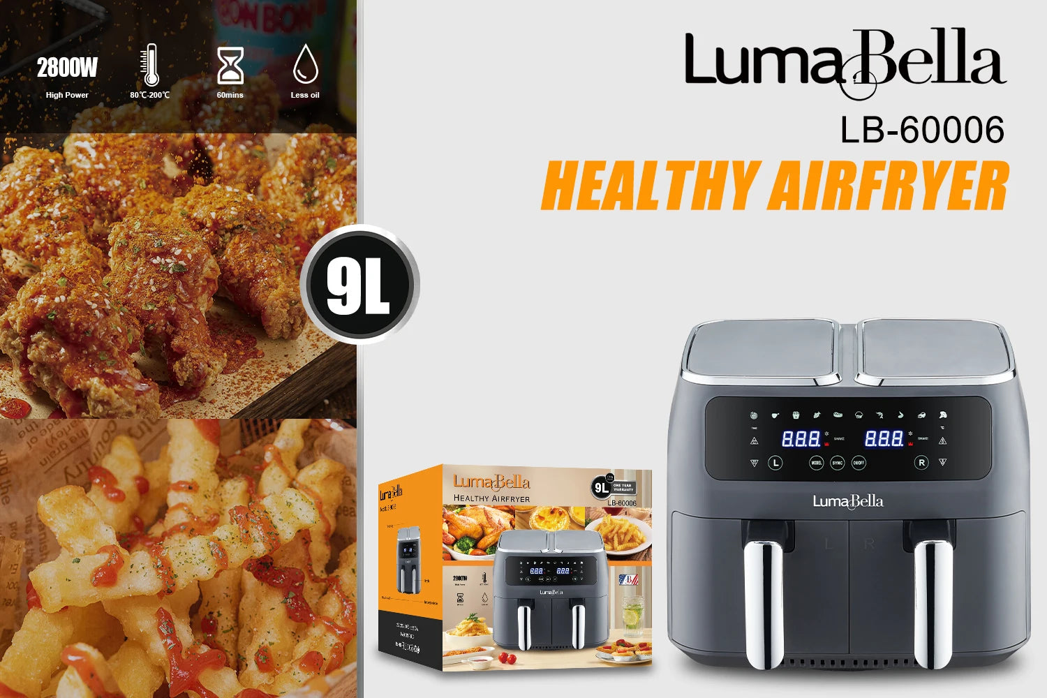 Friteuse à air électrique double Lumabella, en acier inoxydable et aluminium, sans huile, 220 V, carrée, pour usage domestique ou hôtelier