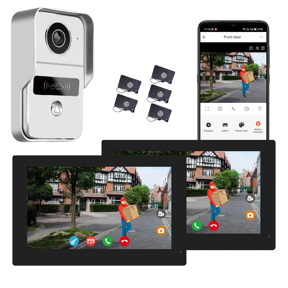 Système d'interphone vidéo filaire avec 2 caméras et 2 moniteurs, écran tactile 7 pouces, déverrouillage à distance et communication bidirectionnelle.