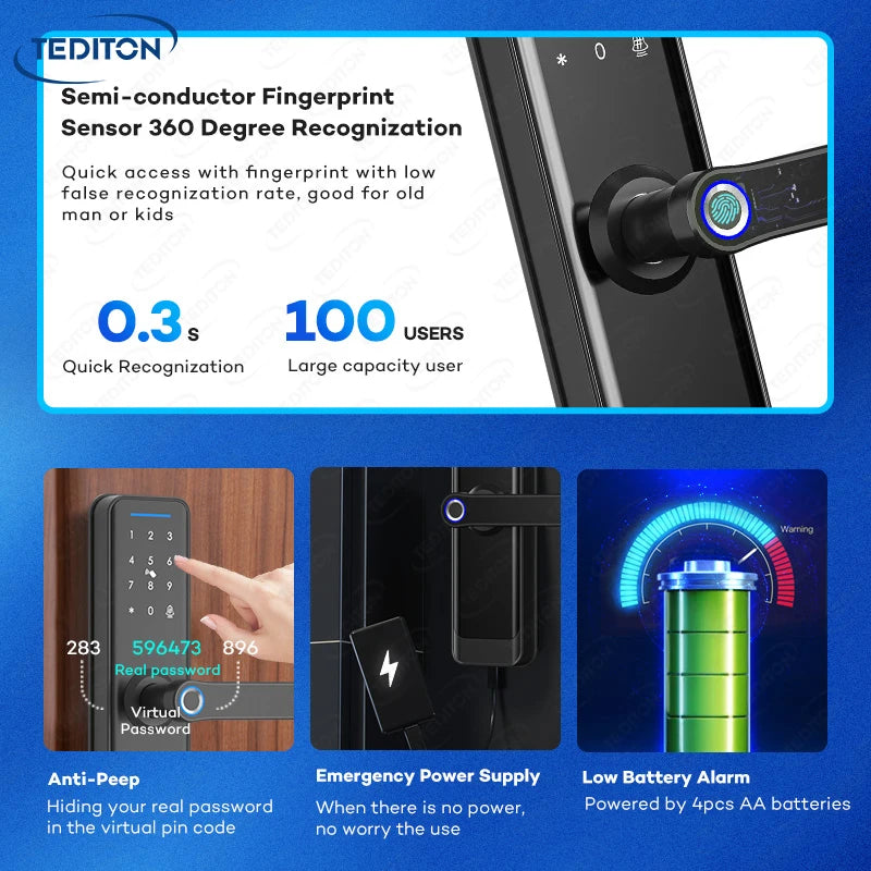Serrure de porte numérique intelligente Tediton OEM Smart Home Tuya TTlock avec sonnette et application de contrôle Wi-Fi