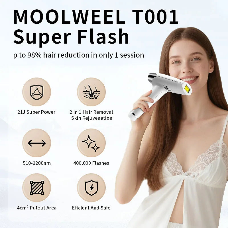 Épilateur laser Moolweel T001i Sapphire Cooling pour homme, à usage domestique, avec diode et lumière pulsée (IPL) pour le rajeunissement de la peau.