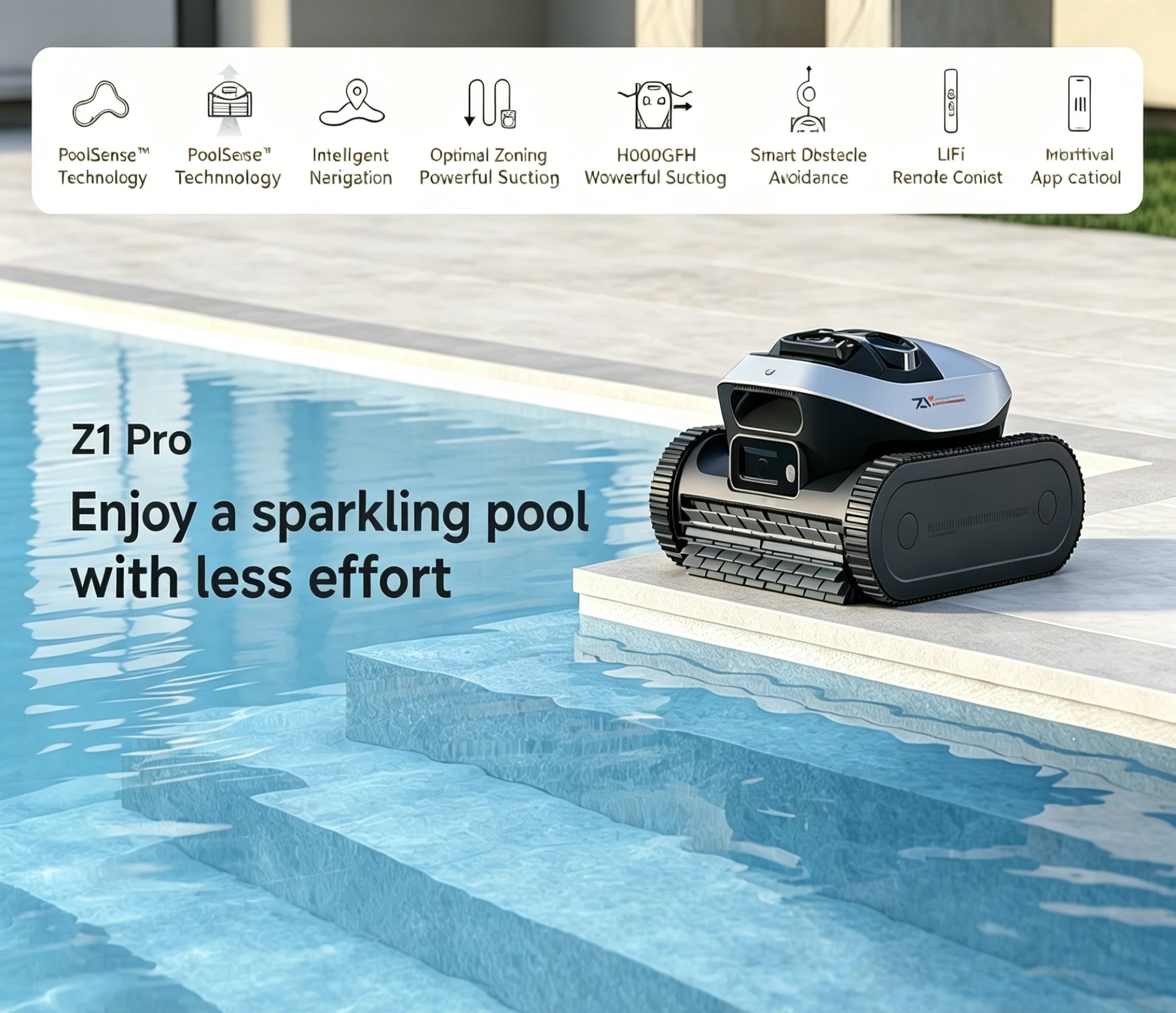 Robot nettoyeur de piscine sans fil à forte aspiration, doté d'une intelligence artificielle et capable de grimper automatiquement aux parois, pour une eau cristalline et une qualité optimale.