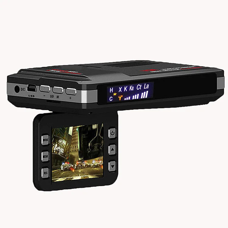 Détecteur de radar 2-en-1 avec écran tactile 1080p, capteur G, caméra embarquée avec alarme de survitesse à 170° et interface multilingue.