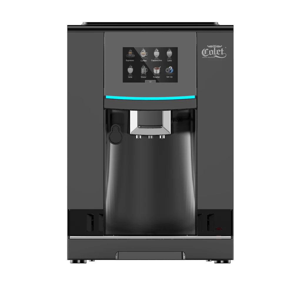 Distributeur automatique de café expresso compact à grains, prêt à l'emploi.