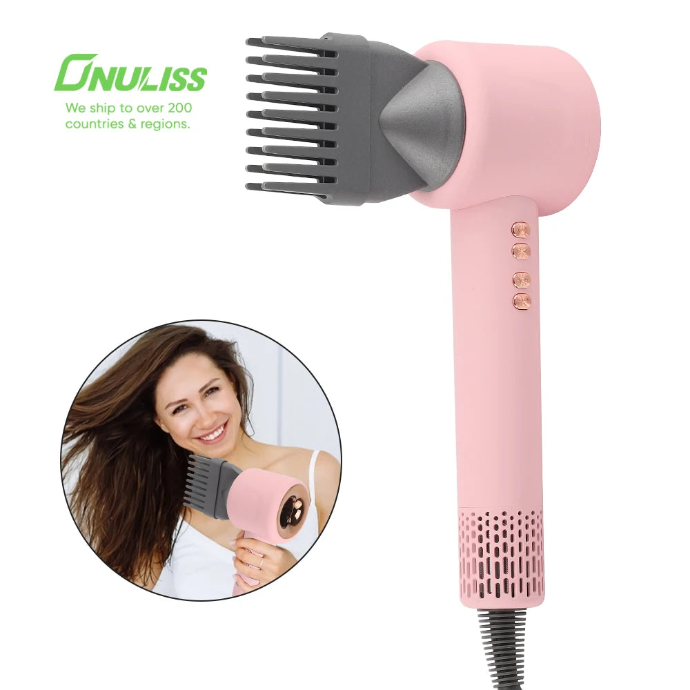 Sèche-cheveux sans balais double tension haute vitesse avec support, brosse lissante multifonction pour une utilisation en extérieur, sèche-cheveux OEM basse consommation.