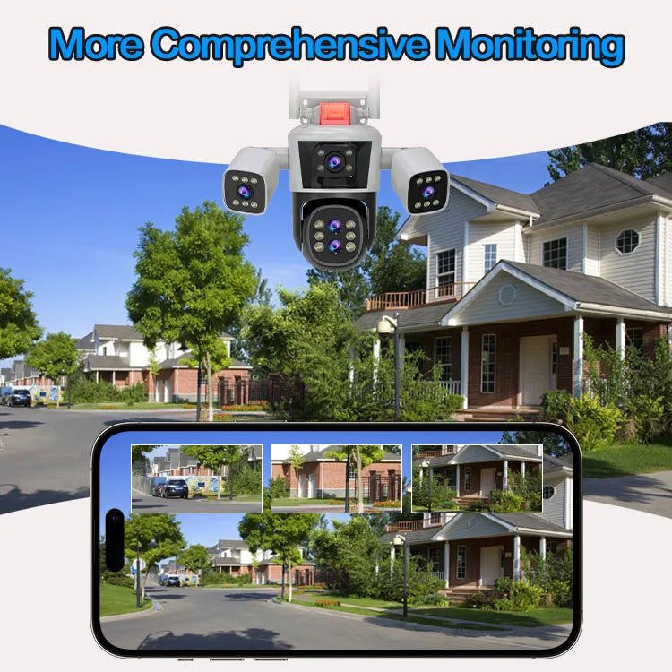 Caméra de surveillance extérieure 8K 16MP Wi-Fi 360 PTZ avec cinq objectifs, quatre écrans, zoom optique 10x, suivi automatique et réseau sans fil.