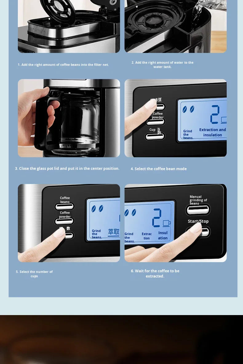 Machine à café automatique en acier inoxydable avec broyeur intégré, style américain, compact, idéal pour la cuisine, le bureau ou l'hôtel.