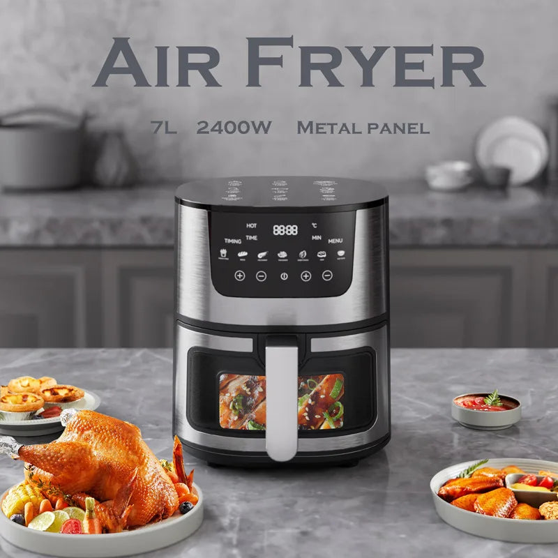 Friteuse à air chaud en acier inoxydable, capacité 5-6 L, 2400 W, quatre électriques intelligentes à commande tactile.