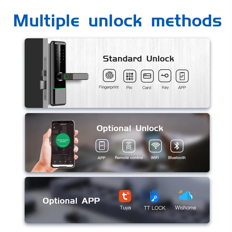 Serrures intelligentes à distance pour porte d'entrée, serrure électronique Tuya pour porte en aluminium, serrure de porte intelligente d'hôtel avec empreinte numérique et sonnette.