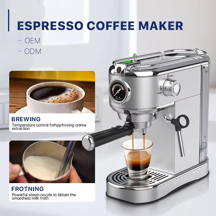 Machine à café expresso professionnelle avec mousseur à lait et vapeur, compacte, électrique, en acier inoxydable argenté