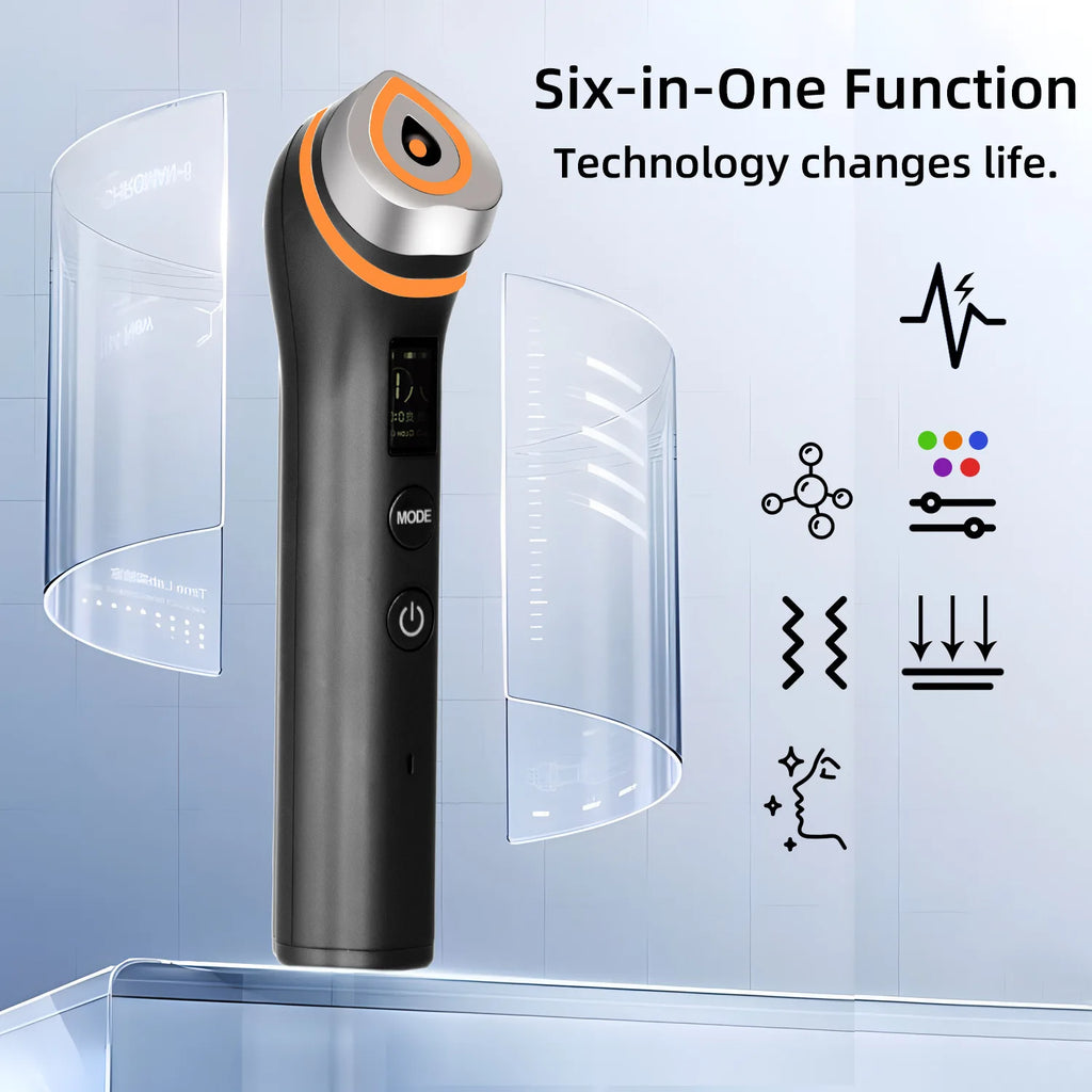 Masseur Facial Microcourant Portable 6-en-1 | Appareil Beauté Anti-Âge, Raffermissant et Éclat du Teint