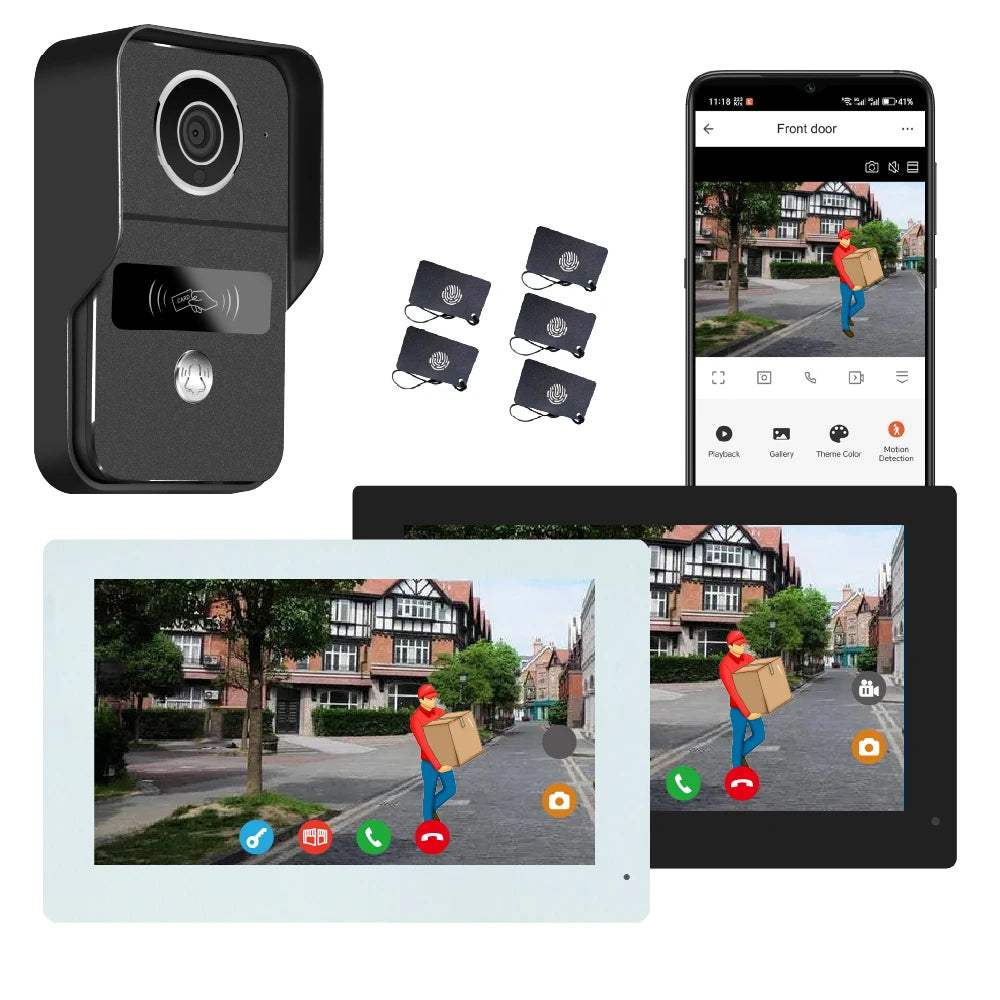 Système d'interphone vidéo filaire avec 2 caméras et 2 moniteurs, écran tactile 7 pouces, déverrouillage à distance et communication bidirectionnelle.