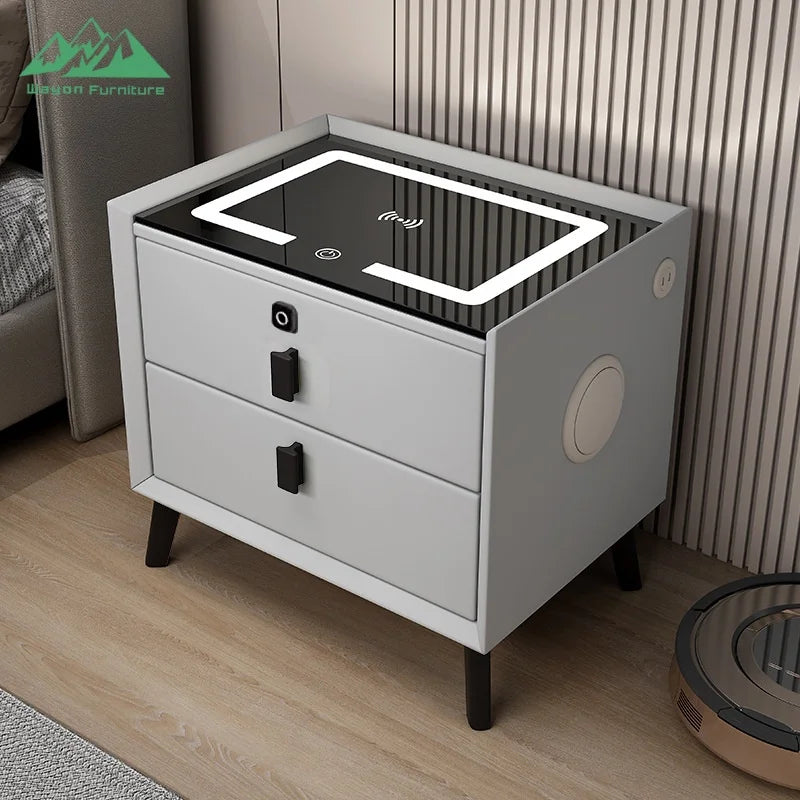 Table de Nuit Surélévée Wayon – Charge Sans Fil, Enceinte BT, 2 Tiroirs & Sécurité Empreinte