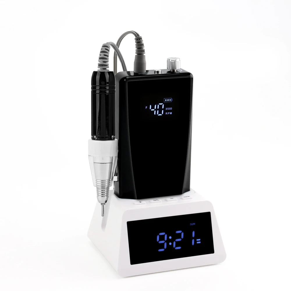 Kit de ponceuse à ongles électrique 45 W à balais de carbone, faible vibration, 40 000 tr/min, avec batterie externe et station de base horloge.