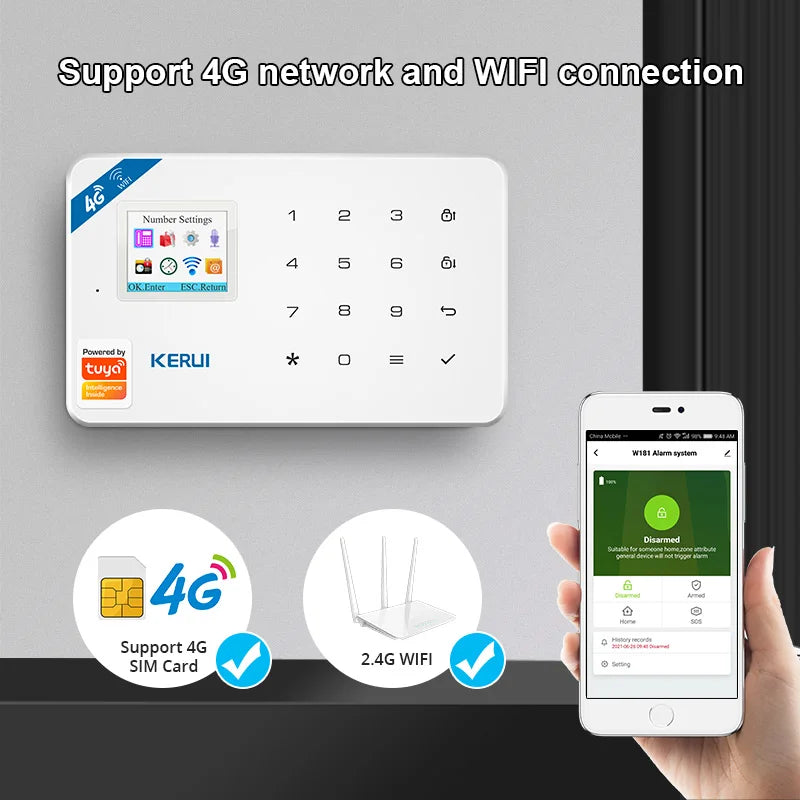 Système d'alarme de sécurité domestique KERUI W184 4G WIFI GSM compatible Alexa Home, caméra intelligente 5MP, capteur de porte sans fil, alarme antivol