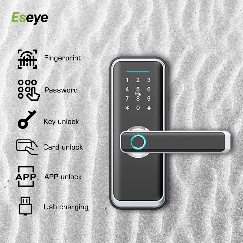 Serrure connectée Eseye OEM ODM Tuya avec application d'empreinte numérique et Wi-Fi.