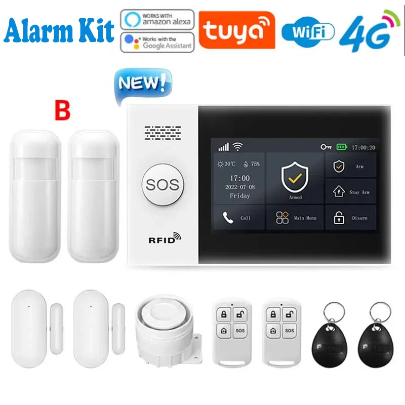 Système d'alarme de sécurité pour maison connectée Tuya, compatible GSM avec écran tactile, 4G, Wi-Fi et 433 MHz, matériau ABS, contrôlable via Alexa et l'application Smart Life.