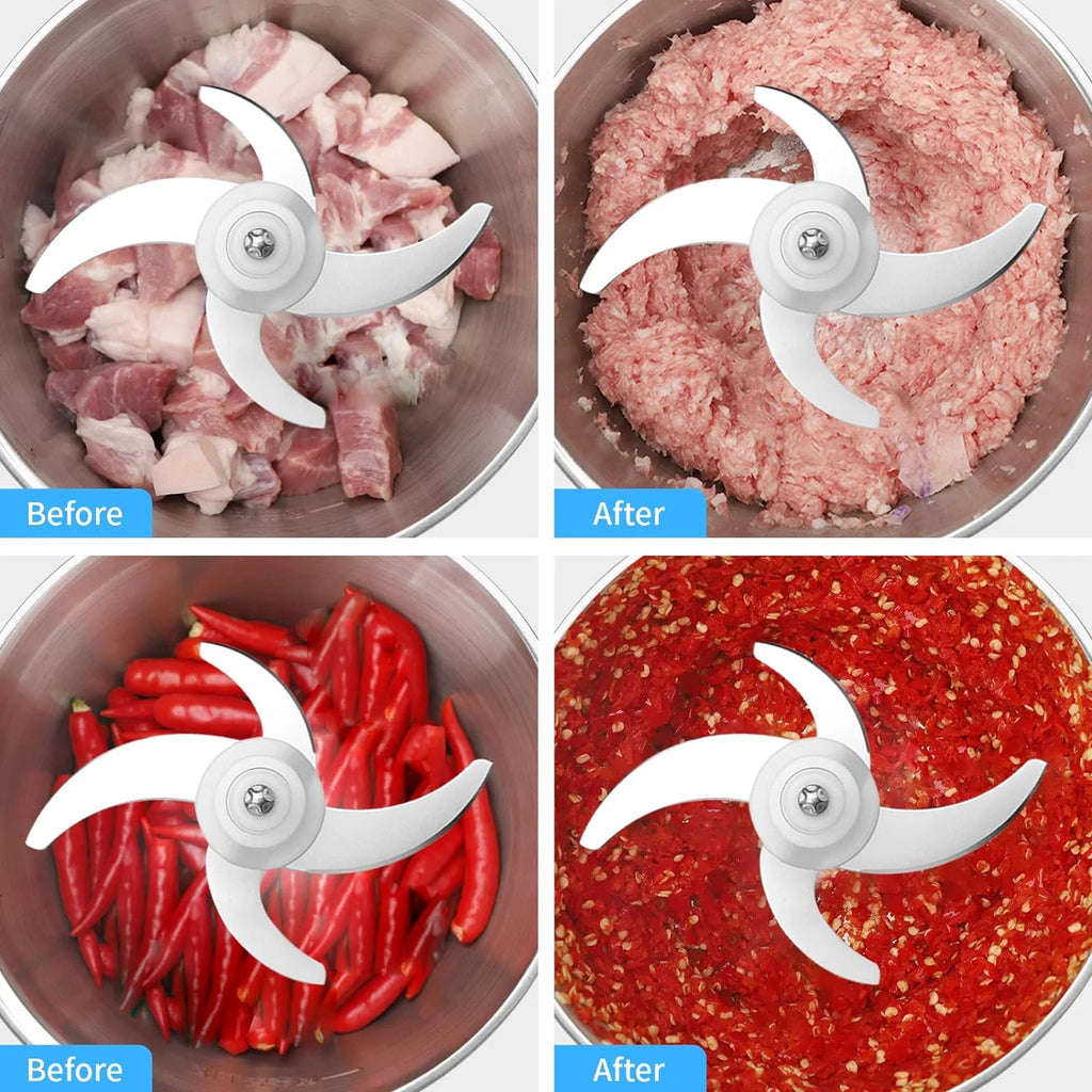 Mini robot culinaire et hachoir à viande électrique en acier inoxydable de 2,5 L avec fonctions de hachage et de broyage, grande capacité.