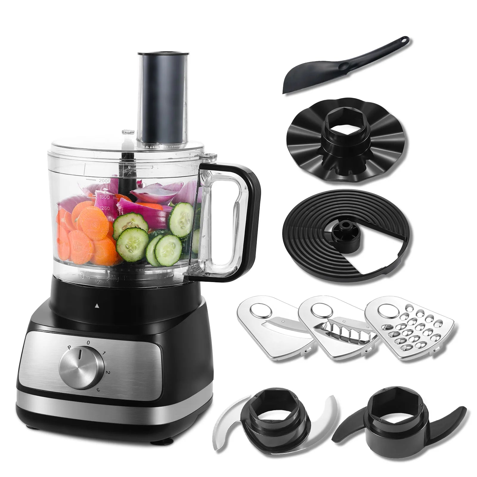 Robot culinaire multifonction 6 en 1 : hacher, trancher, râper et pétrir la pâte.