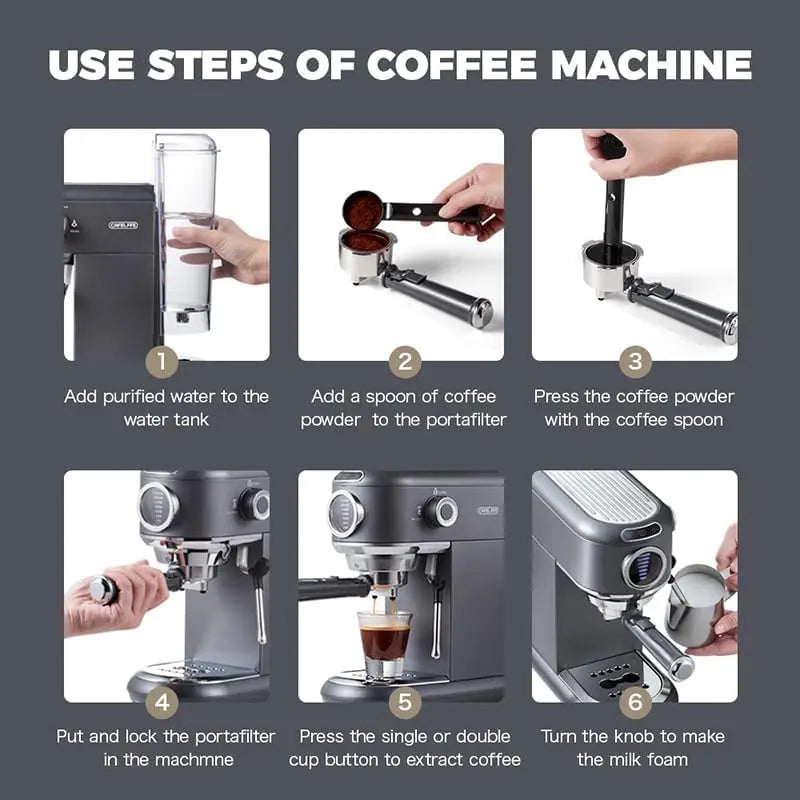 Machine à expresso électrique CAFELFFE MK-601F 4 en 1 en acier inoxydable avec mousseur à lait, pression 20 bars, compatible avec les dosettes /D*/ESE