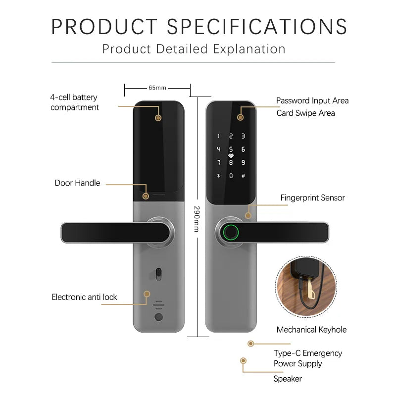 Serrure numérique moderne Tuya Wi-Fi biométrique intelligente avec télécommande, serrure à empreinte numérique et mot de passe, couleur argent, TTLock Bluetooth, serrure pour porte en bois