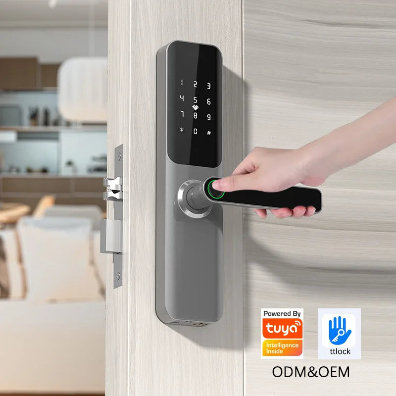 Serrure numérique moderne Tuya Wi-Fi biométrique intelligente avec télécommande, serrure à empreinte numérique et mot de passe, couleur argent, TTLock Bluetooth, serrure pour porte en bois