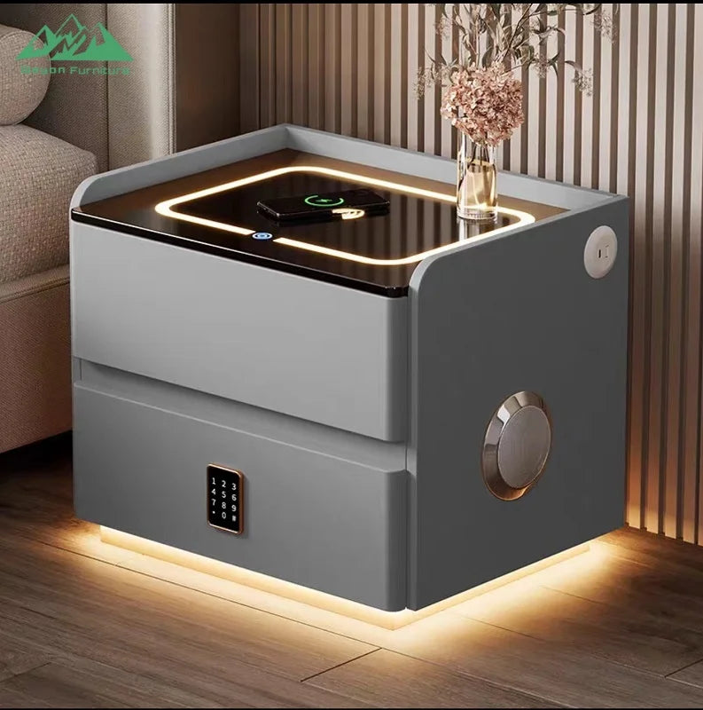 Table de Nuit Luxe Wayon – Charge Sans Fil, Enceinte BT, 2 Tiroirs & Verrou Empreinte