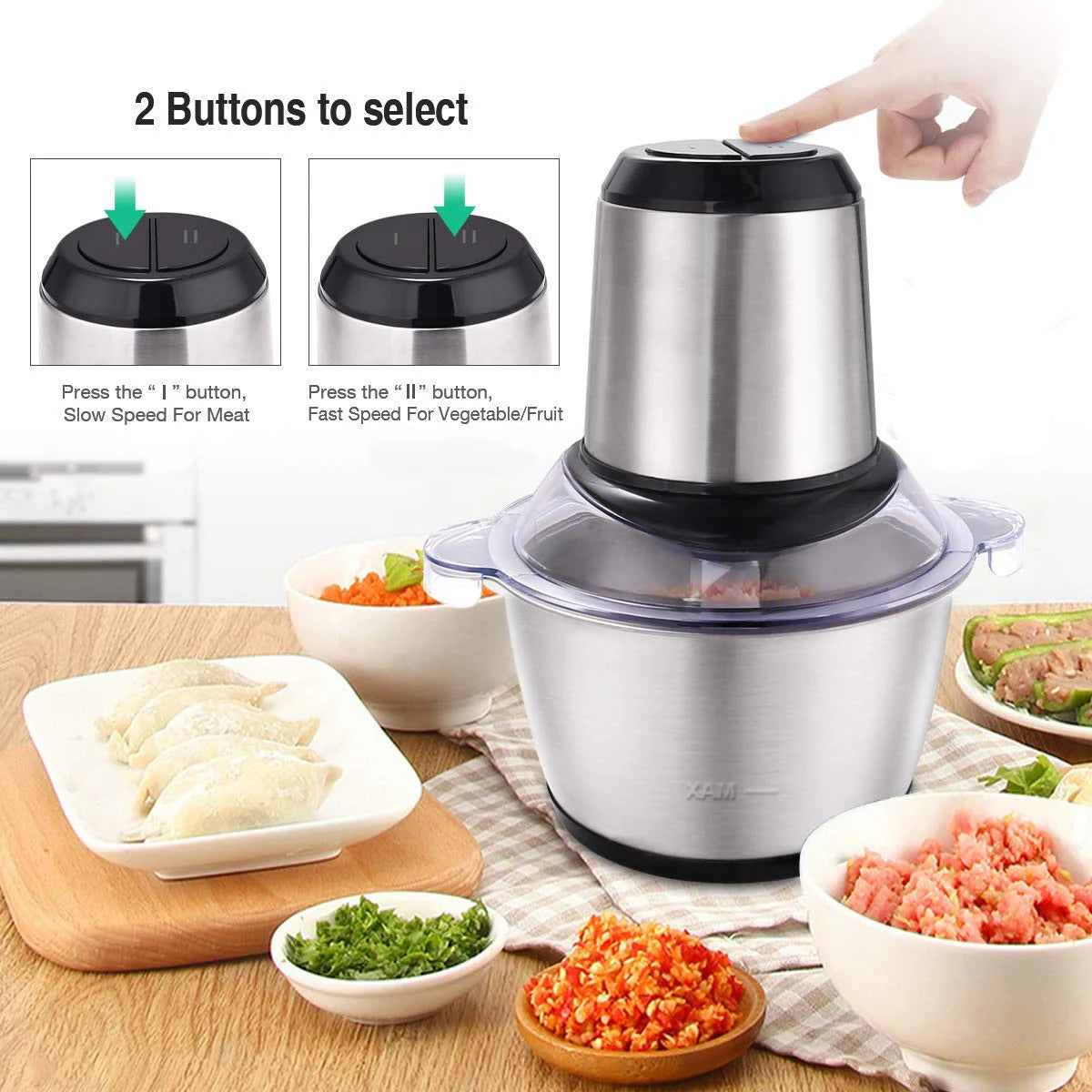 Mini robot culinaire et hachoir à viande électrique en acier inoxydable de 2,5 L avec fonctions de hachage et de broyage, grande capacité.