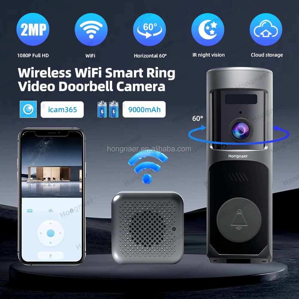 Sonnette vidéo intelligente sans fil Hongnaer 2MP WiFi avec batterie