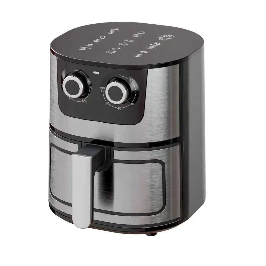 Friteuse à air chaud en acier inoxydable, capacité 5-6 L, 2400 W, quatre électriques intelligentes à commande tactile.