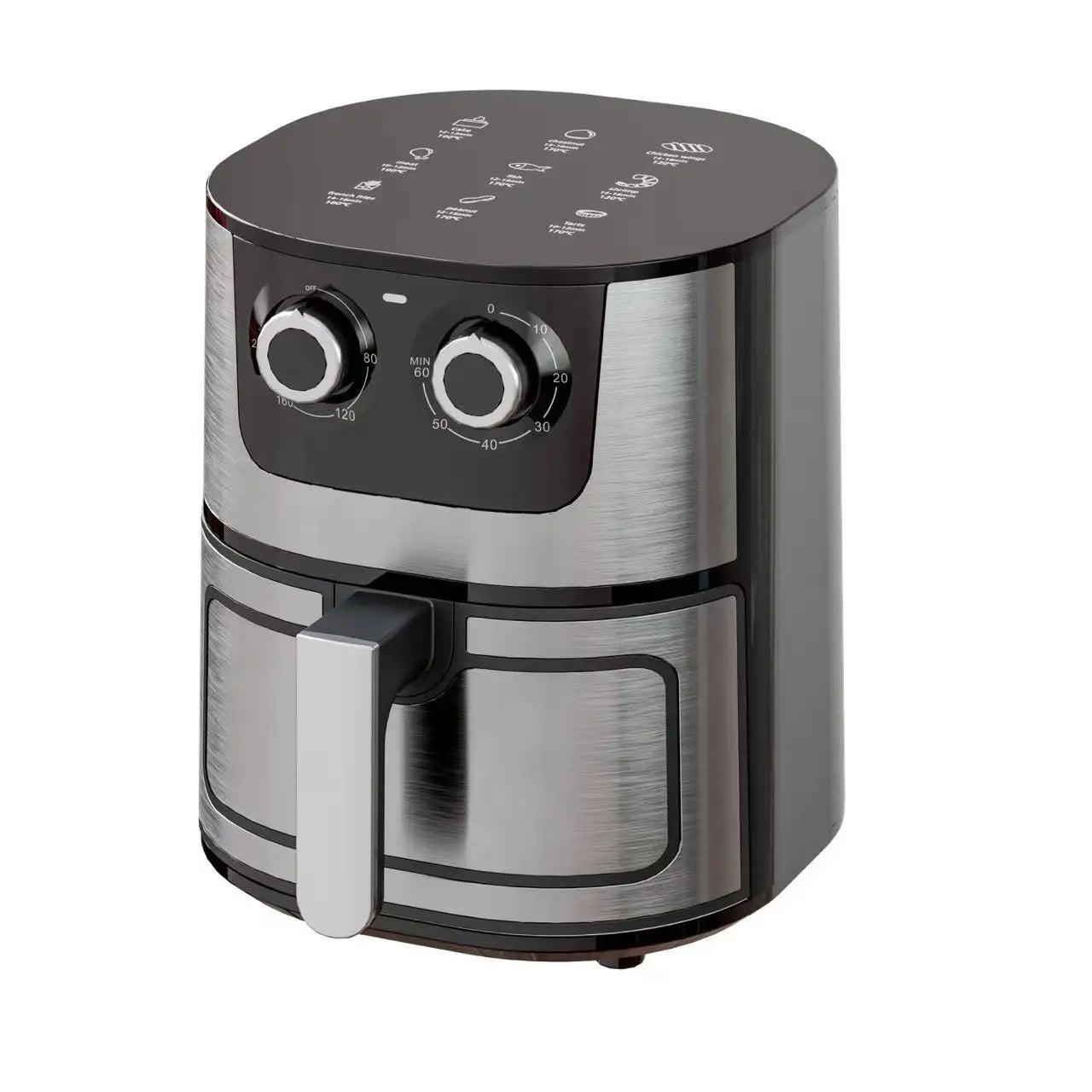 Friteuse à air chaud en acier inoxydable, capacité 5-6 L, 2400 W, quatre électriques intelligentes à commande tactile.
