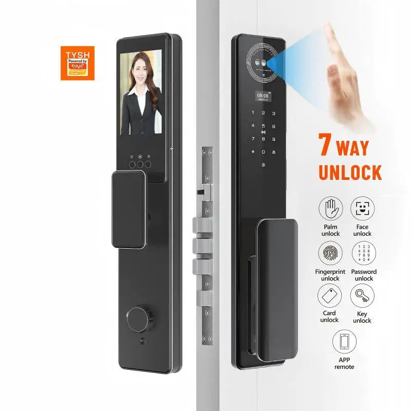 Serrure connectée Tuya avec reconnaissance d'empreintes digitales, faciales et palmaires, stockage cloud, Wi-Fi et application mobile, interphone vidéo